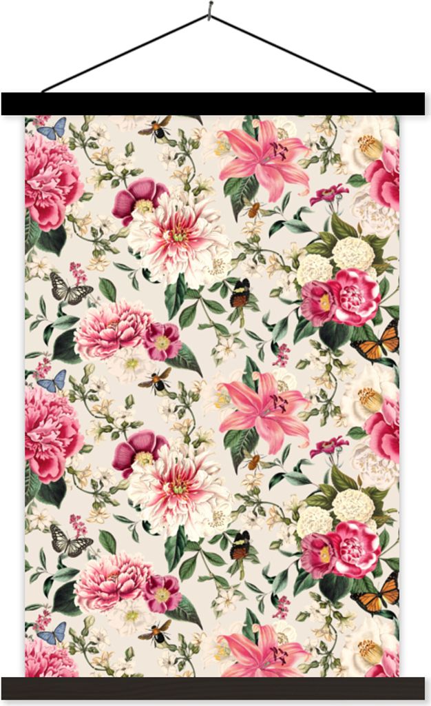 MuchoWow Textilposter Blumen - Insekten - Rosa 60x90 cm mit schwarzem Rahmen - Poster Wohnzimmer