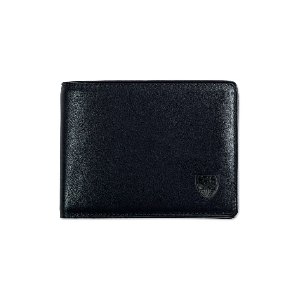 A black leather wallet with a logo on the bottom right corner, isolated on a white background.