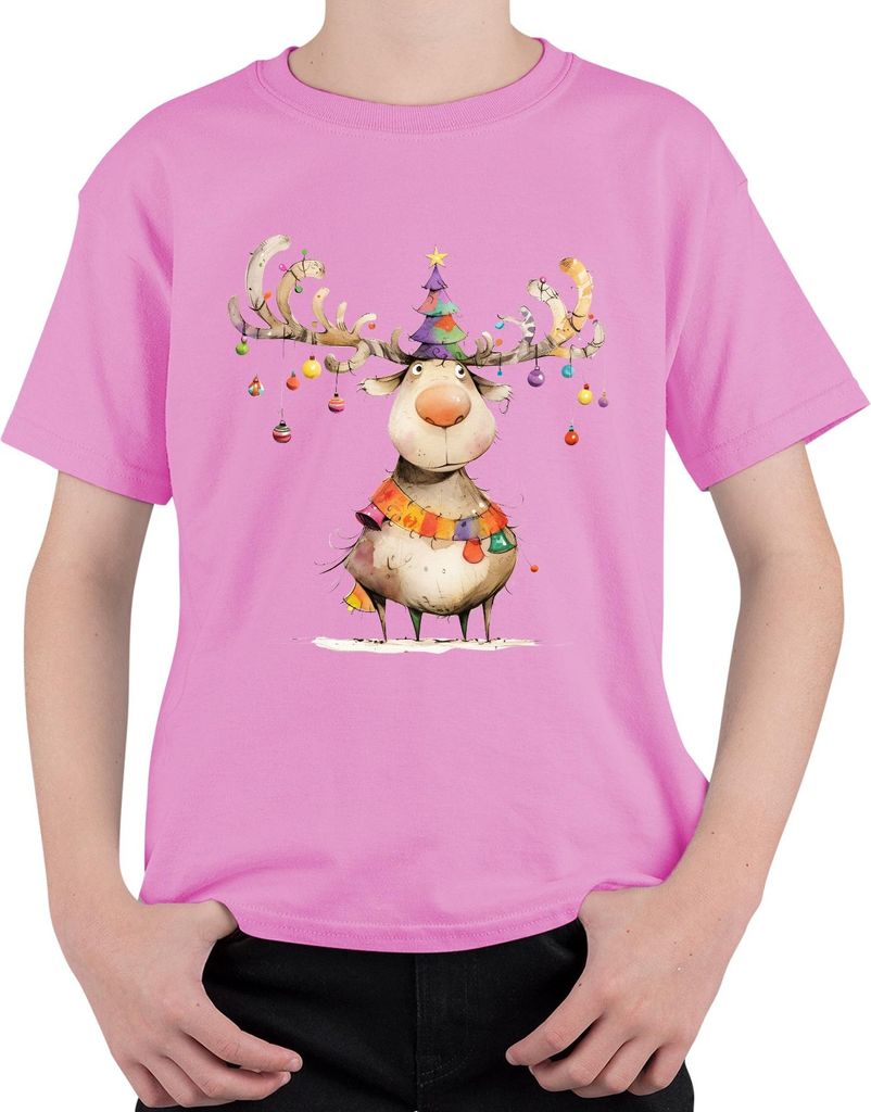 Rentier Weihnachten Geweih Christbaumkugel Lustig Kinder Bunt Uni Kinder T-Shirt, Pink, 116