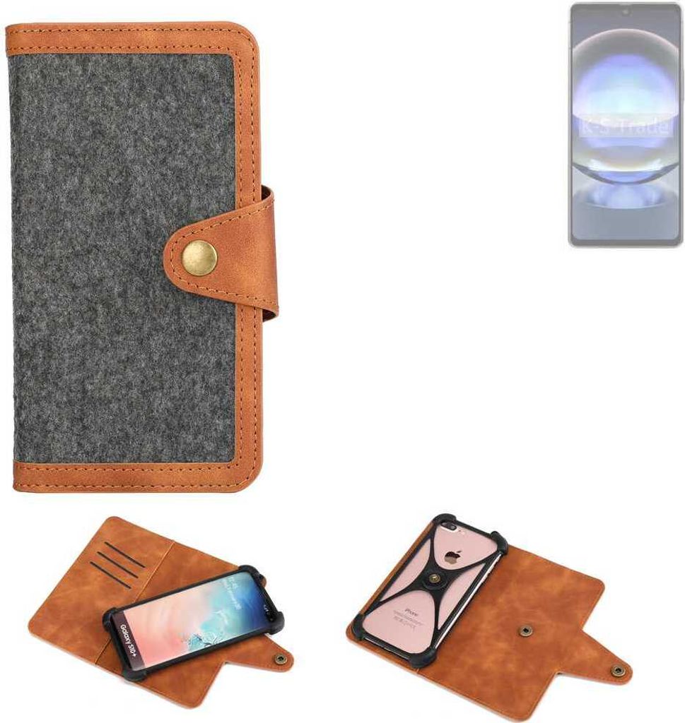 K-S-Trade Schutzhülle Handyhülle kompatibel mit Sharp Aquos R8 Filz Hülle Kunst-Leder dunkelgrau braun (1x)