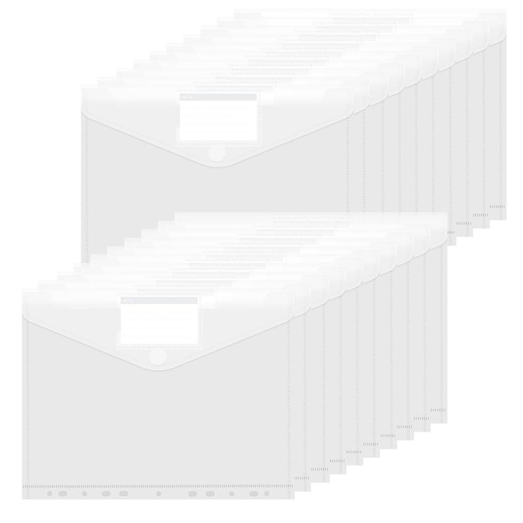 Set mit 20 transparenten Dokumentenmappen im A4-Format mit 11 Perforationen, Klettverschluss und Etikettentasche.