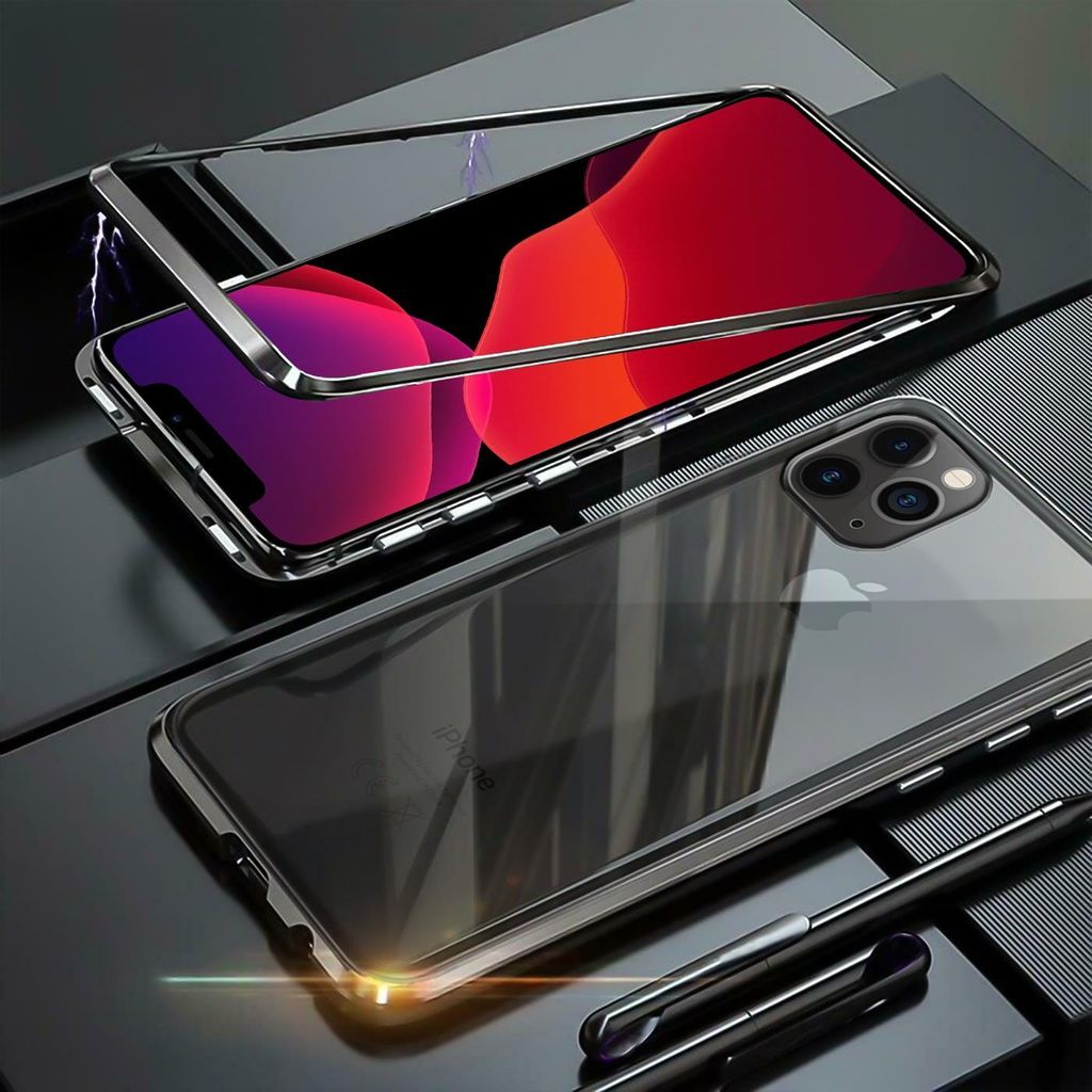 Conie Schutzhülle für iPhone 12 Pro Max Aluminium Case Glas Rückseite Schutz Cover Hülle in Schwarz / Transparent