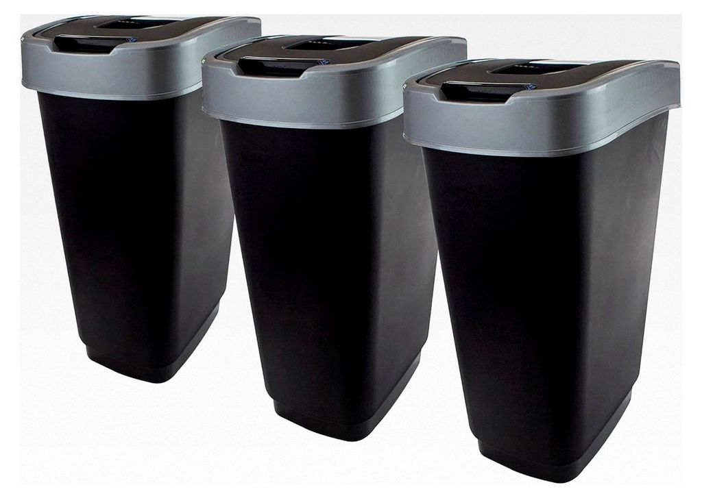 Mülleimer Set 3 Stück 50L Schwarz mit Silbernem Schwingdeckel - Abfalleimer für Haushalt und Büro