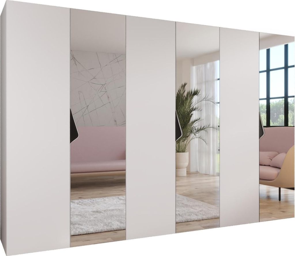 MEBLE KRYSPOL Schrank 300x202x52 cm mit Kleiderstange & Spiegel, 6xTür, SANDI, Weiß, Griff Schwarz