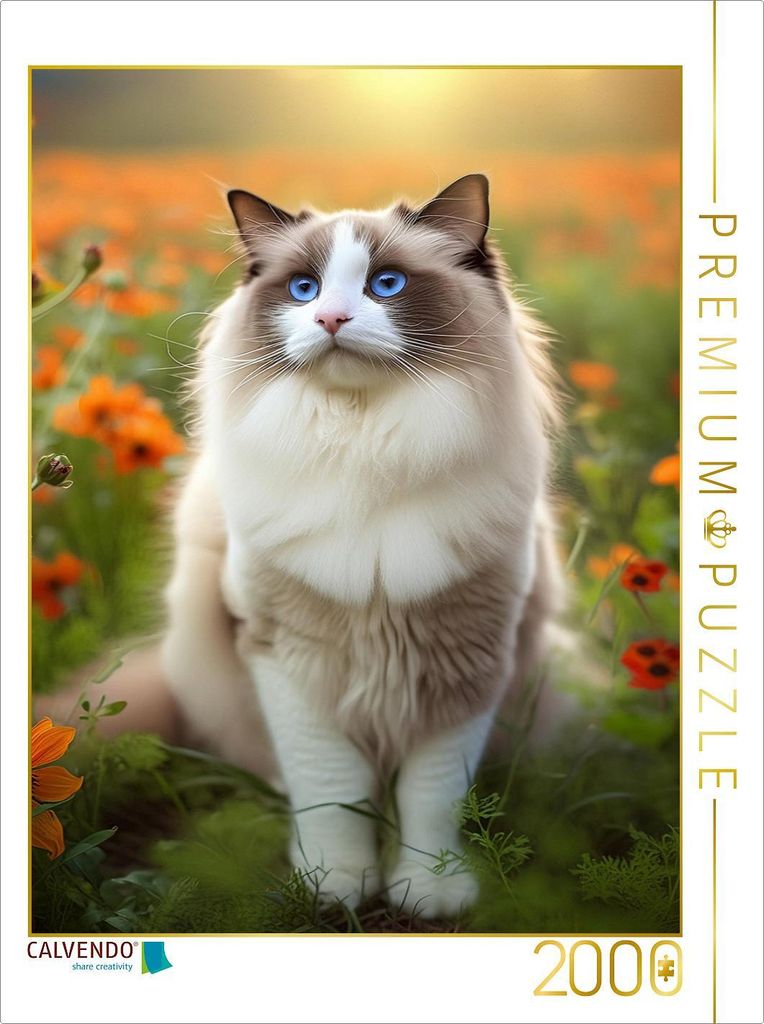 CALVENDO Puzzle Ragdoll sitzt im Feld zwischen orangefarbenen zarten Blüten | 2000 Teile Lege-Größe 90x67cm Foto-Puzzle für glückliche Stunden