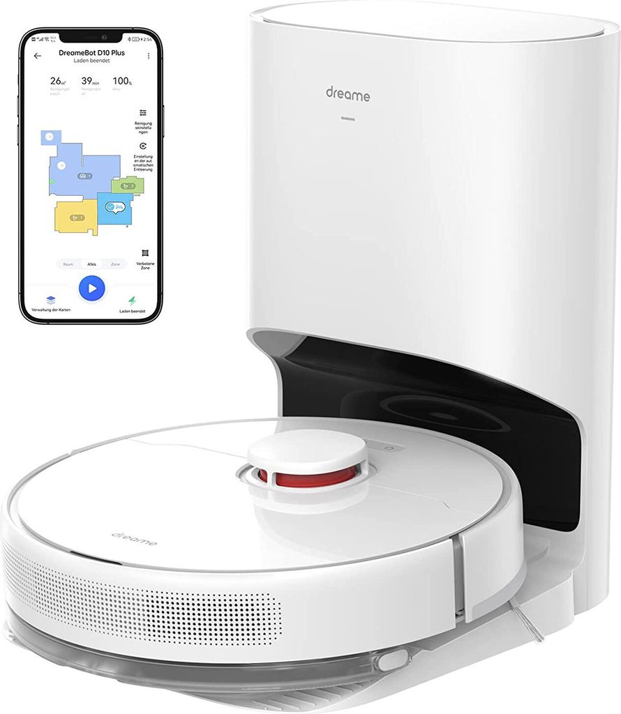 A white robot vacuum cleaner with its docking station and a smartphone displaying a cleaning map.