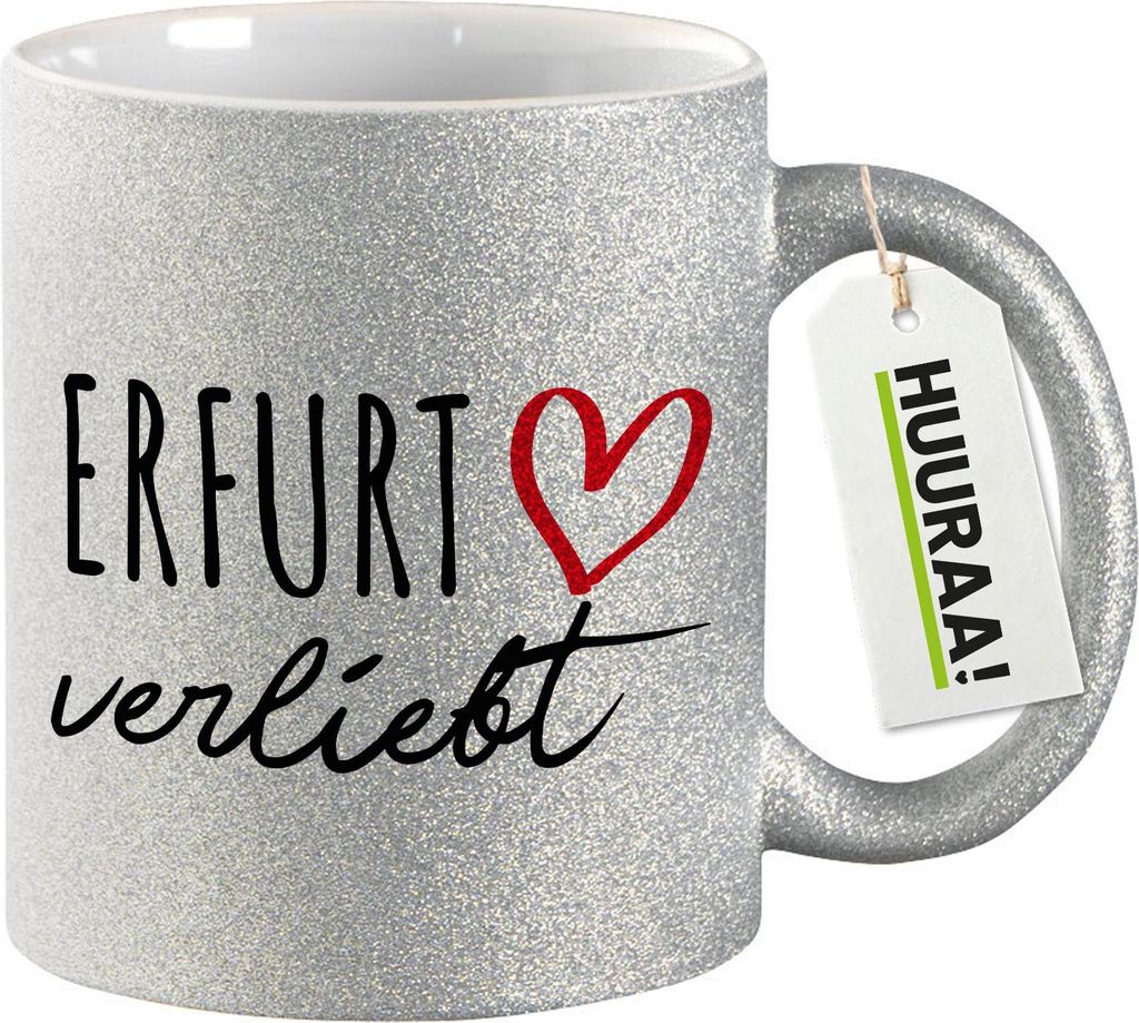 Huuraa Glitzertasse Erfurt verliebt 330ml Silber Keramik Kaffeebecher Geschenkidee
