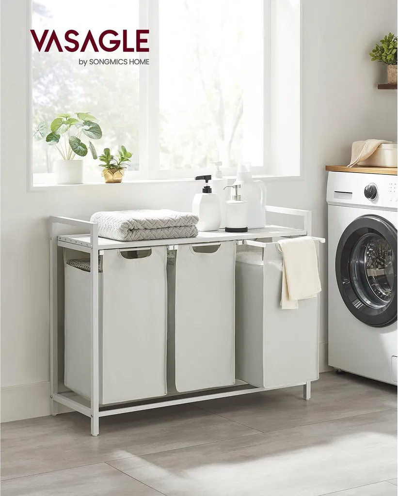 Meuble de buanderie avec panier à linge 3 compartiments et plateau blanc