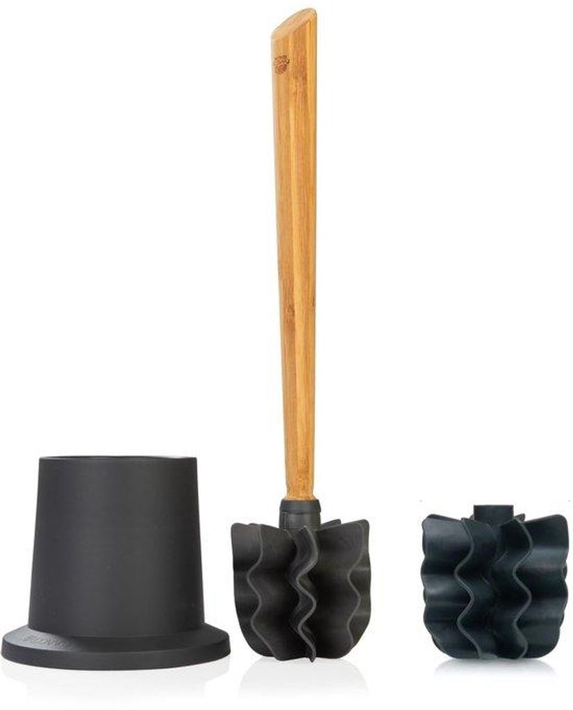 Holzline Toiletbürste, dunkelgraue Kunststoffkopf | Set mit Toiletbürstenhalter und zusätzlicher Reservekopf | Holz Toiletbürste mit Halter fü...