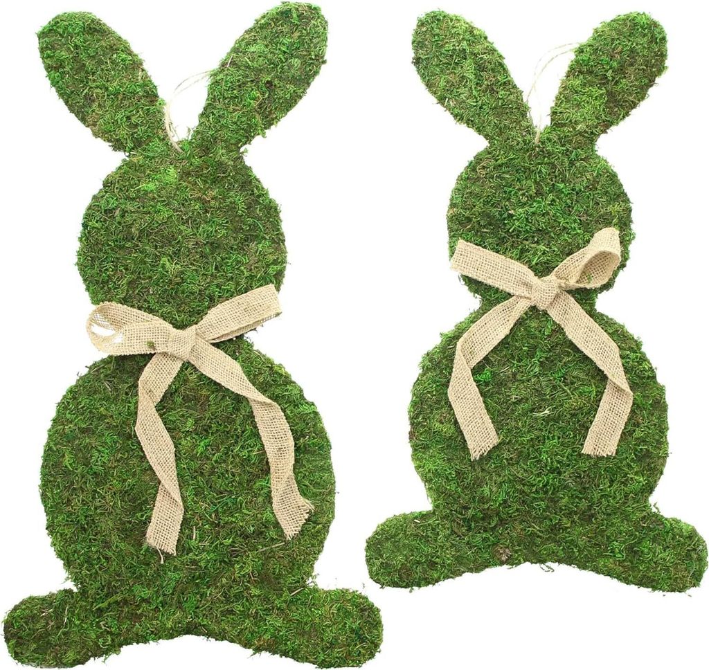 FRANK FLECHTWAREN Moos-Hase Schleifchen, 2er Set, Naturmoos, Metall, Jute Maße: Höhe 46 cm, 52 cm
