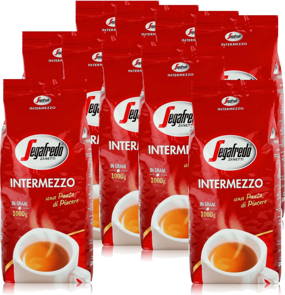A group of red coffee bean bags with the Segafredo Intermezzo logo and branding.