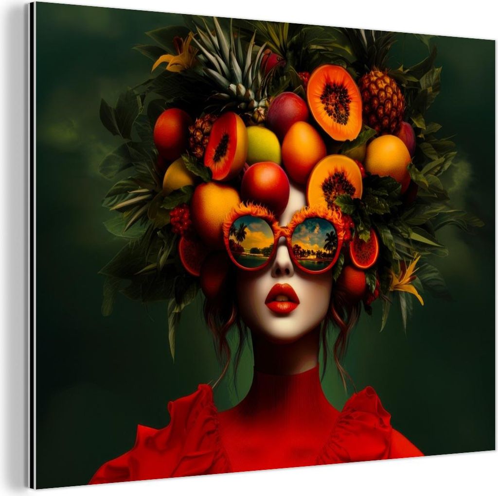 MuchoWow Wanddekoration Metall Metallbild Wandkunst 80x60 cm Frau - Früchte - Papaya - Ananas MuchoWow Aluminium Gemälde - Alubild