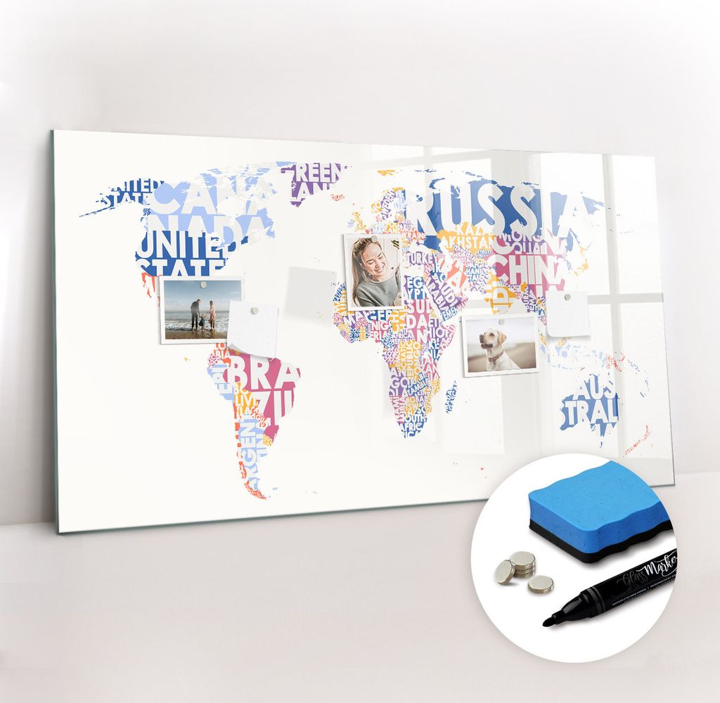 Magnetpinnwand Memoboard - Zubehörsatz - Schwarzer Marker + Schwamm + Magnete - 120 x 60 cm - Länder auf der Weltkarte