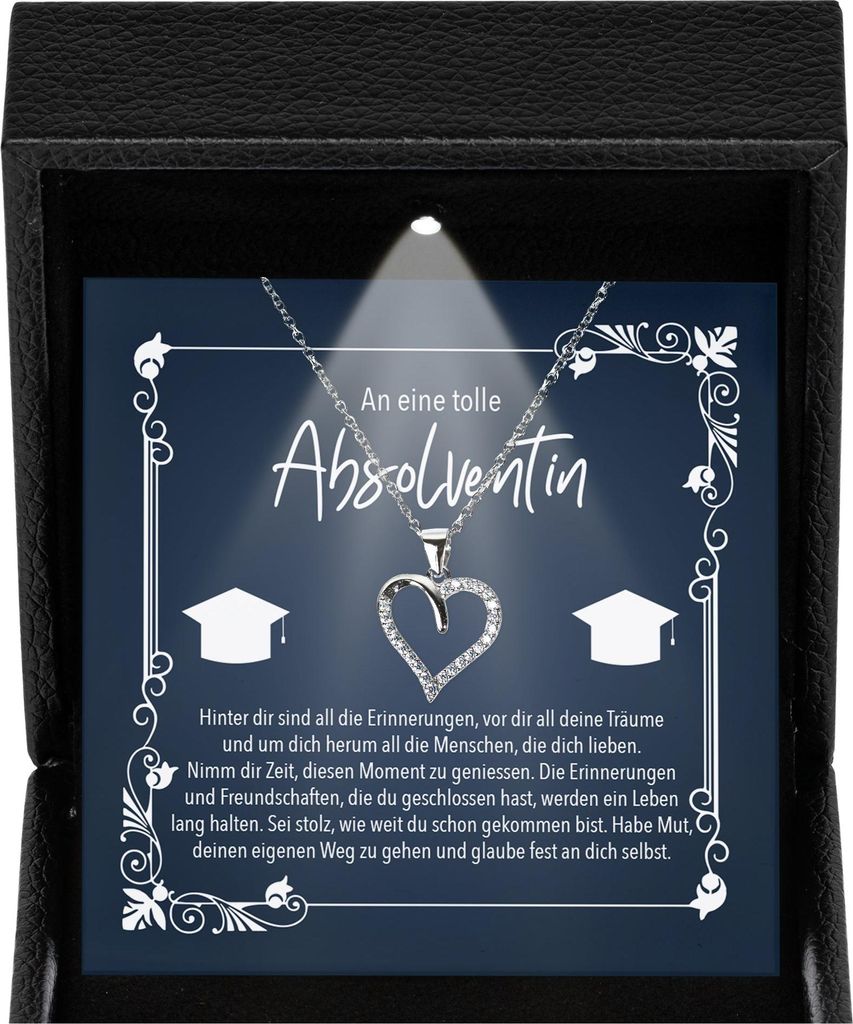 22Feels Frauen Uni Abschluss Geschenk - Master Bachelor Absolventin Schmuck - Phd Hochschule - Silber 925/000 Herz Halskette - Karte Premium LED Li...