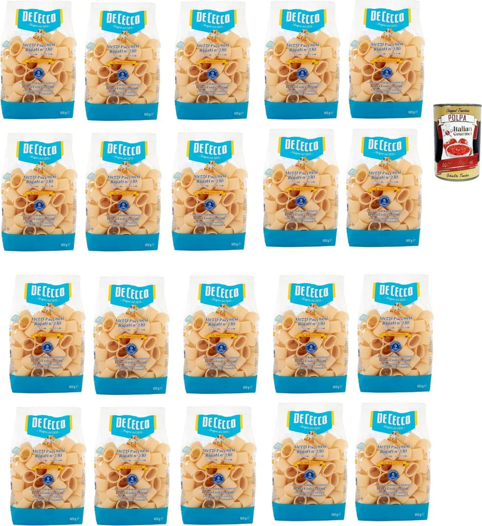 De Cecco Le Specialità Mezzi Paccheri Rigati N°230, 100% Italienisch Pasta Nudeln 20x 500g + Italian Gourmet Polpa 400g
