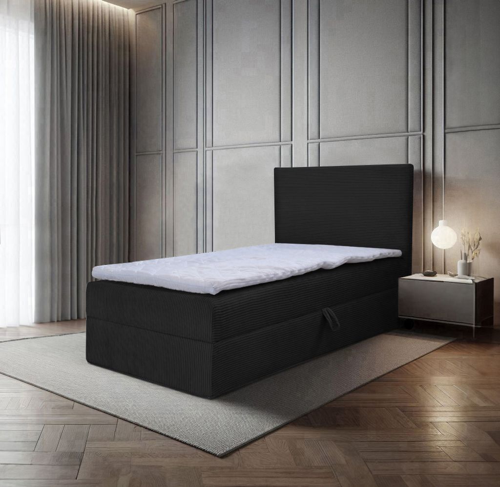 Bett, Boxspringbett, Continentalbett BERG POSO MINI mit Bonell Matratze, Einzelbett mit Container, H3 (90x200 cm, Schwarz - Poso 135, Topper T25)