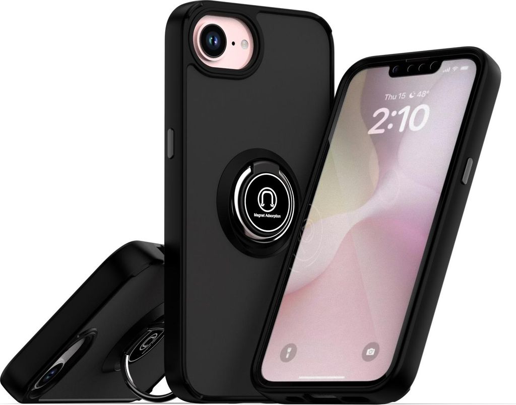 Hülle für iPhone 16e/iPhone 17e Matte Transluzent TPU Stoßfest Schutzhülle mit Ring Halter Ständer Schwarz