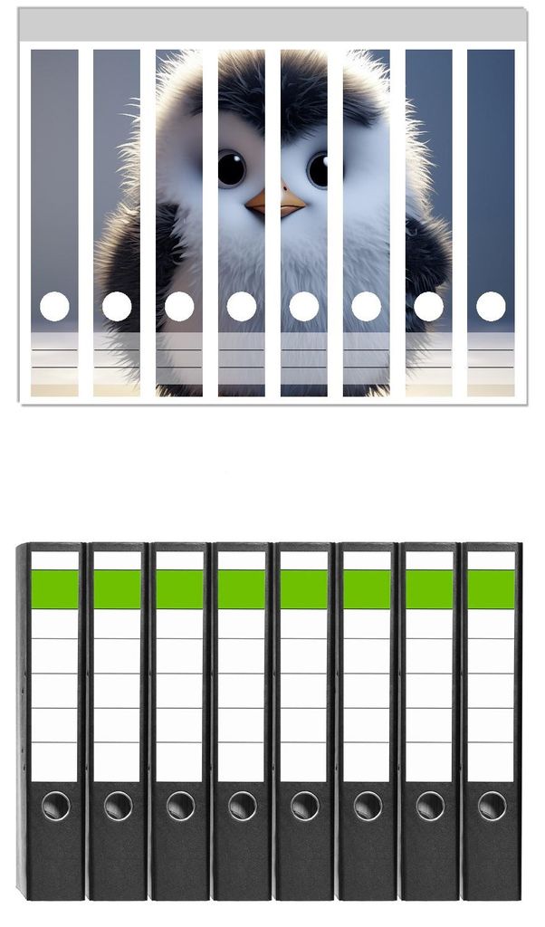 Wallario 8 Stück schmale Ordner inkl. Klebeetiketten mit Motive Flauschiger Pinguin - Set mit Rückenschildern / Ordnerrücken Stickern