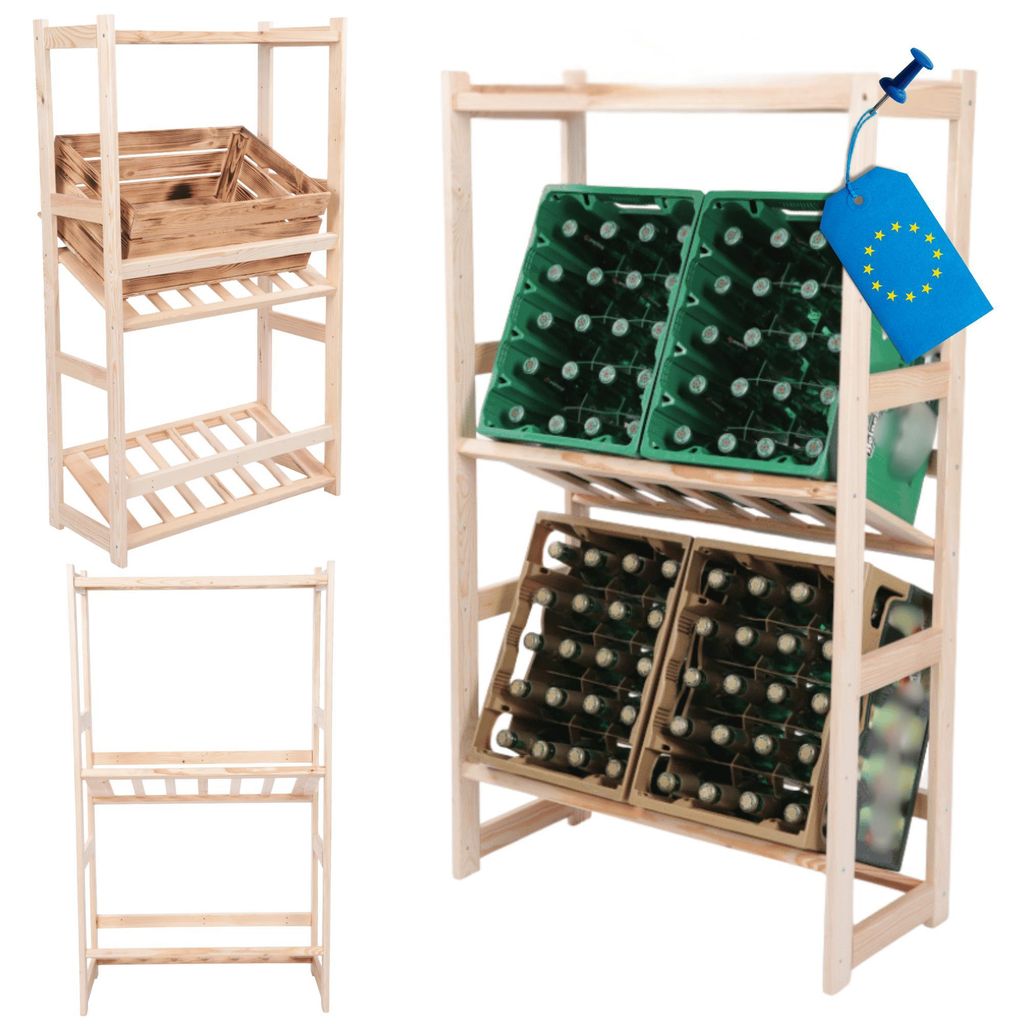 MODO24 Kombiregal Holz, 1 Flaschenablage, 2 Kistenböden, Standregal, Vorratsregal, Allzweckregal, Massivholz Kiefer, 124,2x70x33 cm, Natur, LSR