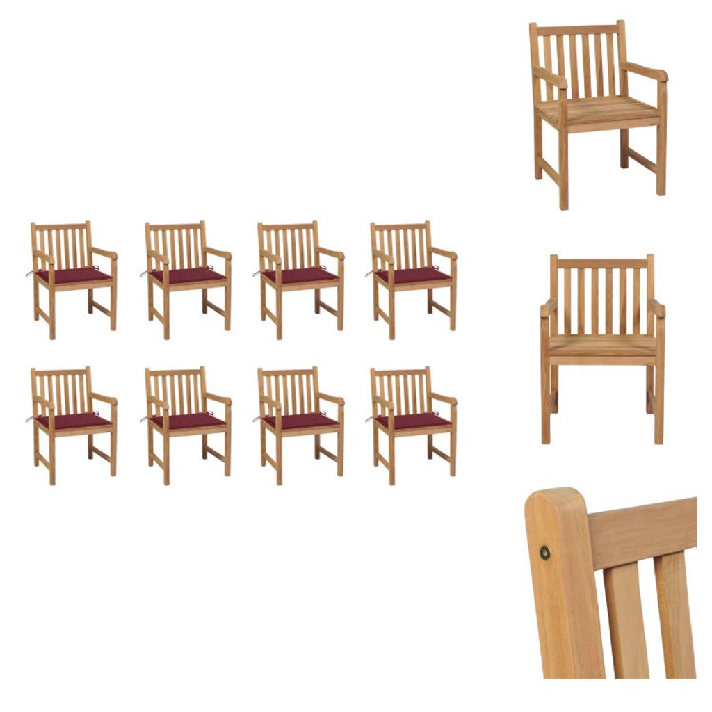 vidaXL Gartenstühle 8 Stk. mit Weinroten Kissen Massivholz Teak - Gartenstühle