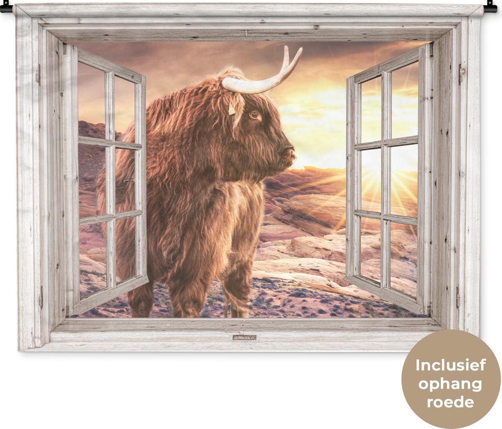 MuchoWow Wandteppich Wandbehang Schottische Hochlandrind - Landschaft - Ansicht 150x112 cm Tapisserie Dekoration Wandtuch - Wanddecke - Wandteppiche