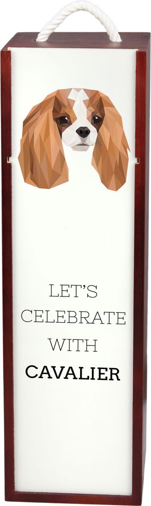 Cavalier King Charles Spaniel - geometrische Box mit einem Bild und Schriftzug für Wein der Marke Art-Dog