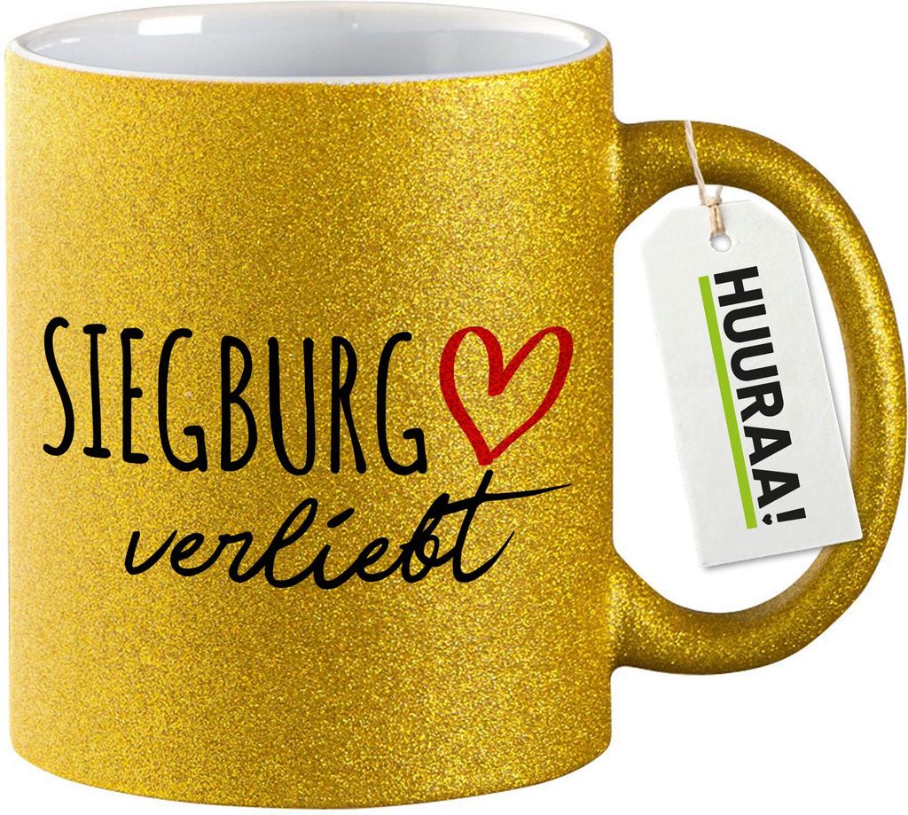 Huuraa Glitzertasse Siegburg verliebt 330ml Gold Keramik Produktbild 