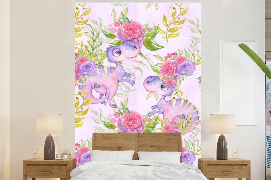 MuchoWow Fototapete für Wohnzimmer oder Schlafzimmer Wandtapete Vinyl Motivtapete Dinosaurier - Blumen - Tapete Kinderzimmer - Mädchen - Rosa ...