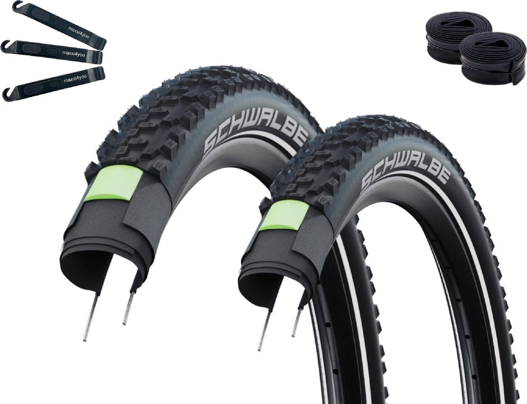 2 x Schwalbe Fahrradreifen SMART SAM Plus Performance DD GreenGuard ADDIX E-50 Schwarz-Reflex 54-622 (29 x 2.10) + 2 x Schwalbe Schläuche AV19F in...
