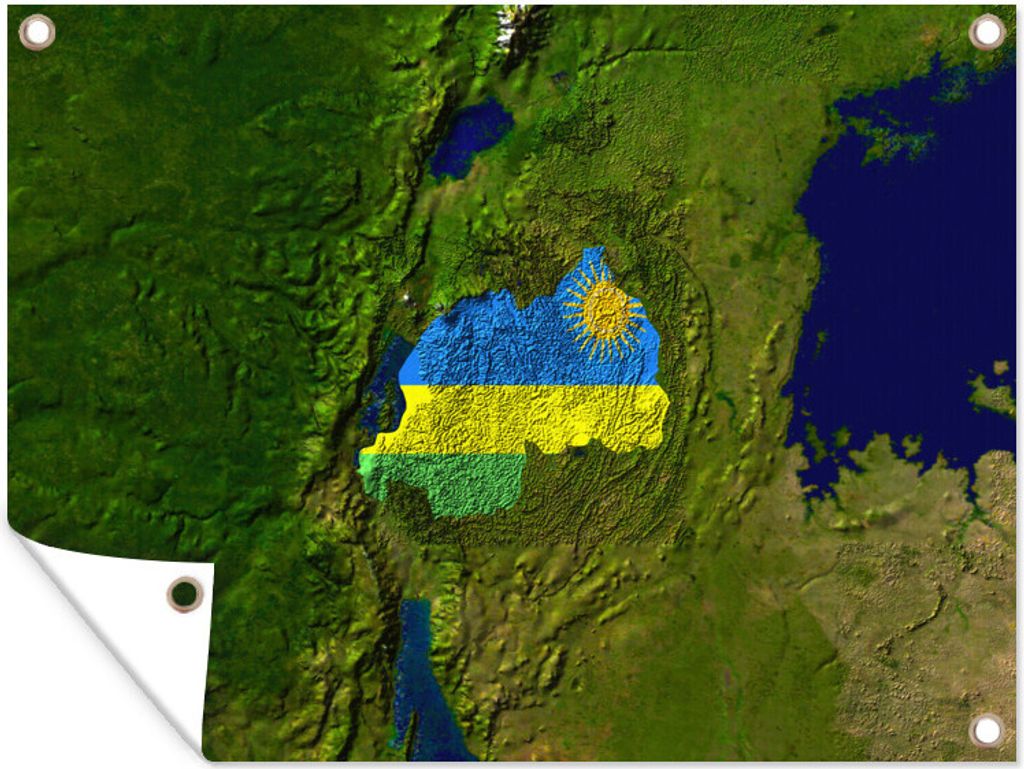 MuchoWow 80x60 cm Outdoor-Poster Gartendeko Sichtschutz Garten Poster für den Garten Satellitenbild von Ruanda mit der Flagge des Landes darüber