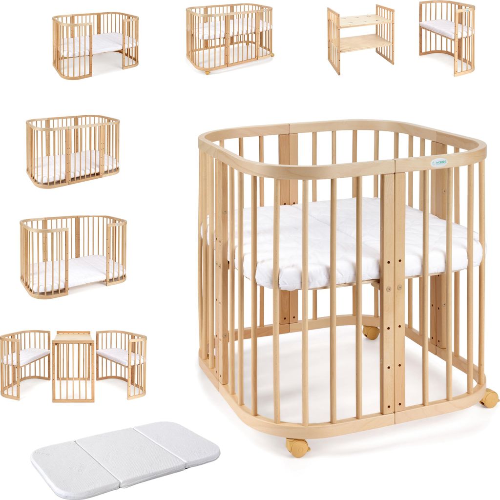 A collage of different configurations and a close-up of a wooden baby crib with a mattress.