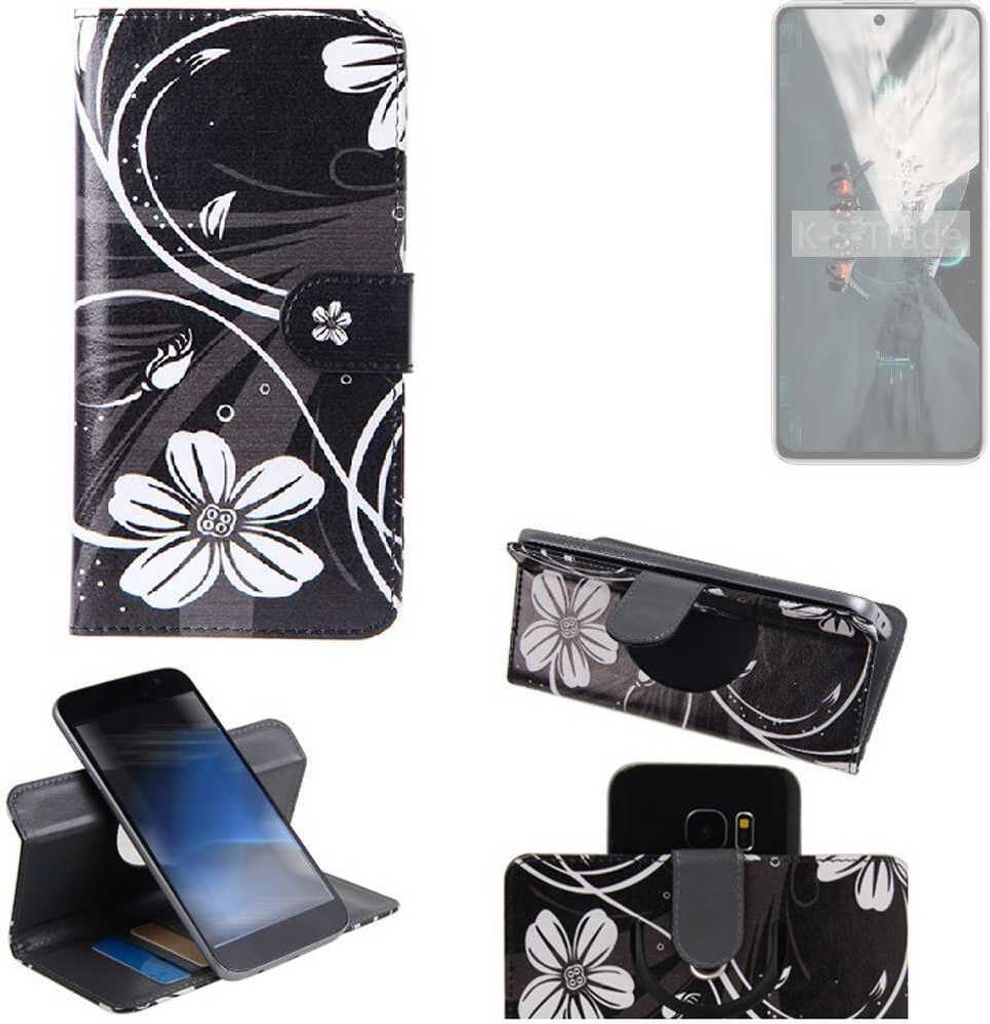 K-S-Trade Schutzhülle Handyhülle kompatibel mit Huawei Nova 12s Hülle 360° Wallet Case “Flowers“ Klapphülle Hülle schwarz-weiß 1x
