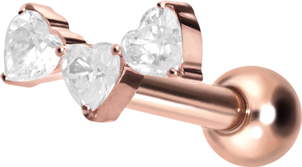 Ohrpiercing Titan Ohrpiercing mit Innengewinde 3 KRISTALLHERZEN RoséGold Stablänge: 8mm