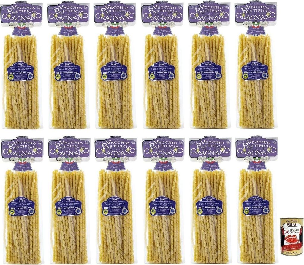 12x Il Vecchio Pastificio di Gragnano Pasta Fusilli,Gragnano IGP-Nudeln aus Hartweizengrieß von höchster Qualität 500g + Italian Gourmet Polpa d...