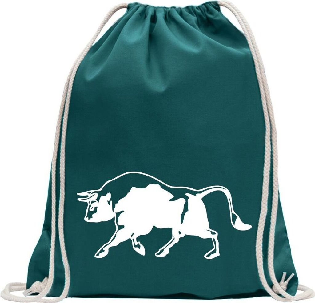 Kiwistar - Turnbeutel - petrol - Stier Motiv 1 - Bulle - Hausrind - Fun Rucksack Sport Beutel Gymsack Baumwolle mit Ziehgurt