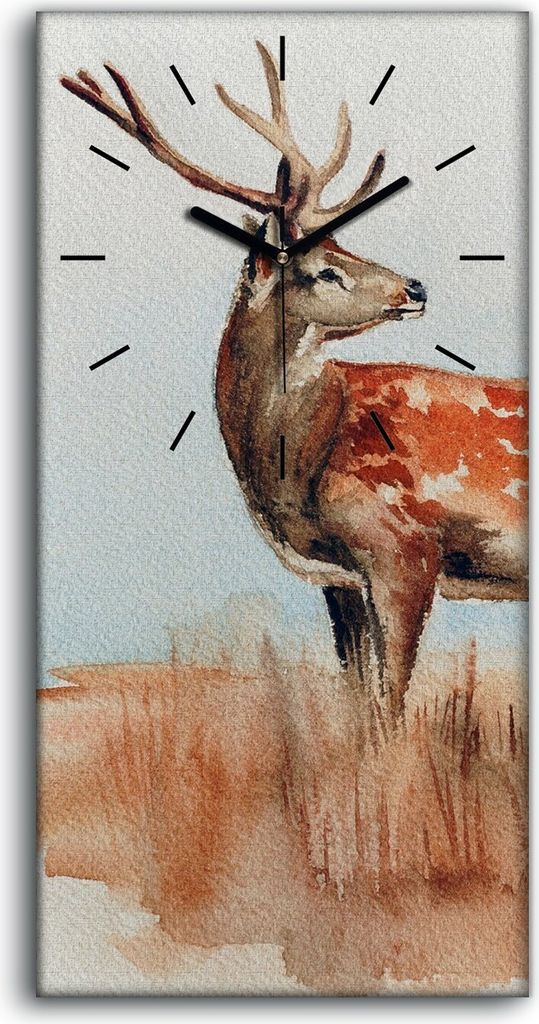 Dekor Leinwand Uhr Wandbilder Geräuschlos Kunstdruck 30x60 Aquarell Tier Hirsch - schwarze Hände