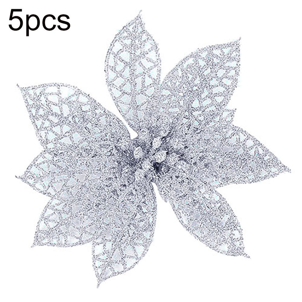 5pcs Glitter Hollow künstliche Weihnachtsblumenschmuck Weihnachtsbaum Girlande Nachbildung Nachbildung-Silber