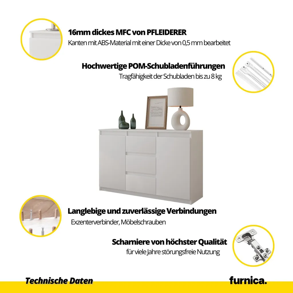Commode Sideboard 120cm Chêne Wotan MIKEL : Rangement 3 Tiroirs Chic - 5