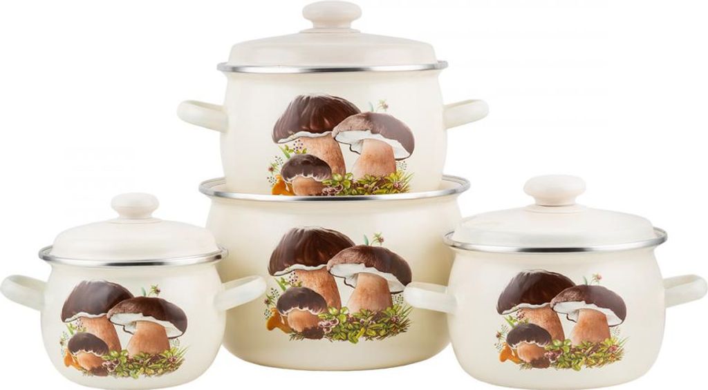 EMALIA RYBNIK Set mit 4 emaillierten Töpfen GRZYBKI 1.5l/2.5l/3.5l/5l