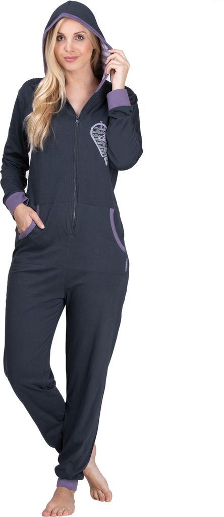 maluuna - Damen Jumpsuit, Onesie, Overall, Einteiler mit Bündchen an Arm- und Beinabschluss aus 100% Baumwolle ; Dunkelgrau , 32/34