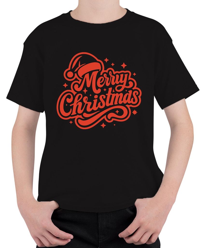 Merry Christmas Weihnachten Geschenk Santa Hat Sterne Vintage Uni Kinder T-Shirt, Schwarz, 140