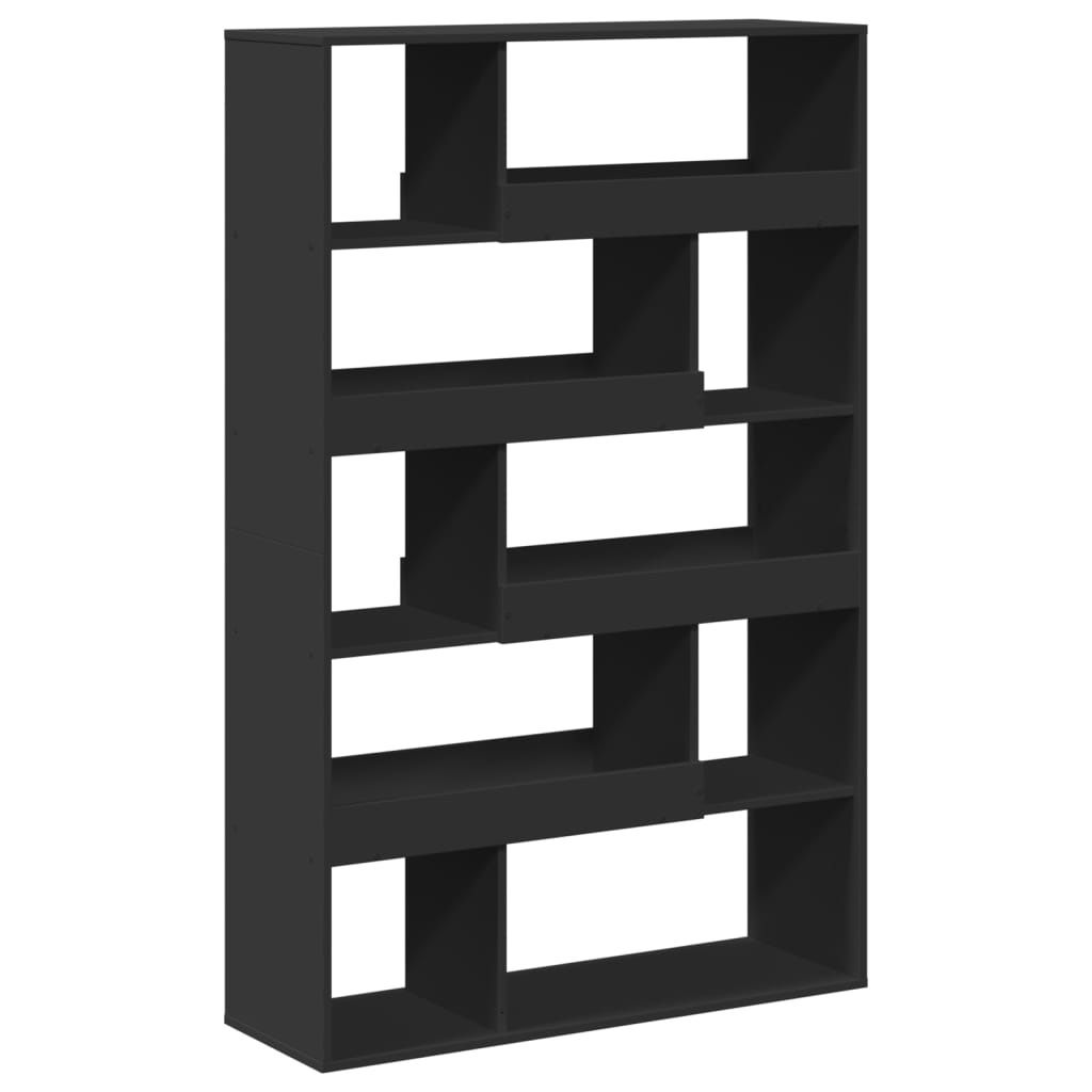 A black bookshelf with multiple compartments against a white background.