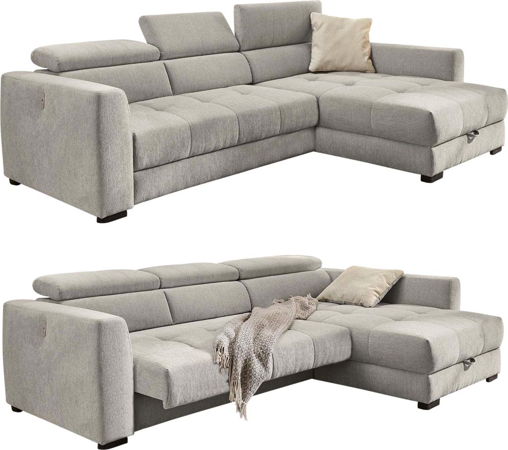 Ecksofa Sitz elektrisch ausfahrbar verstellbar Couch Kopflehne Bettkasten Grau / 15408