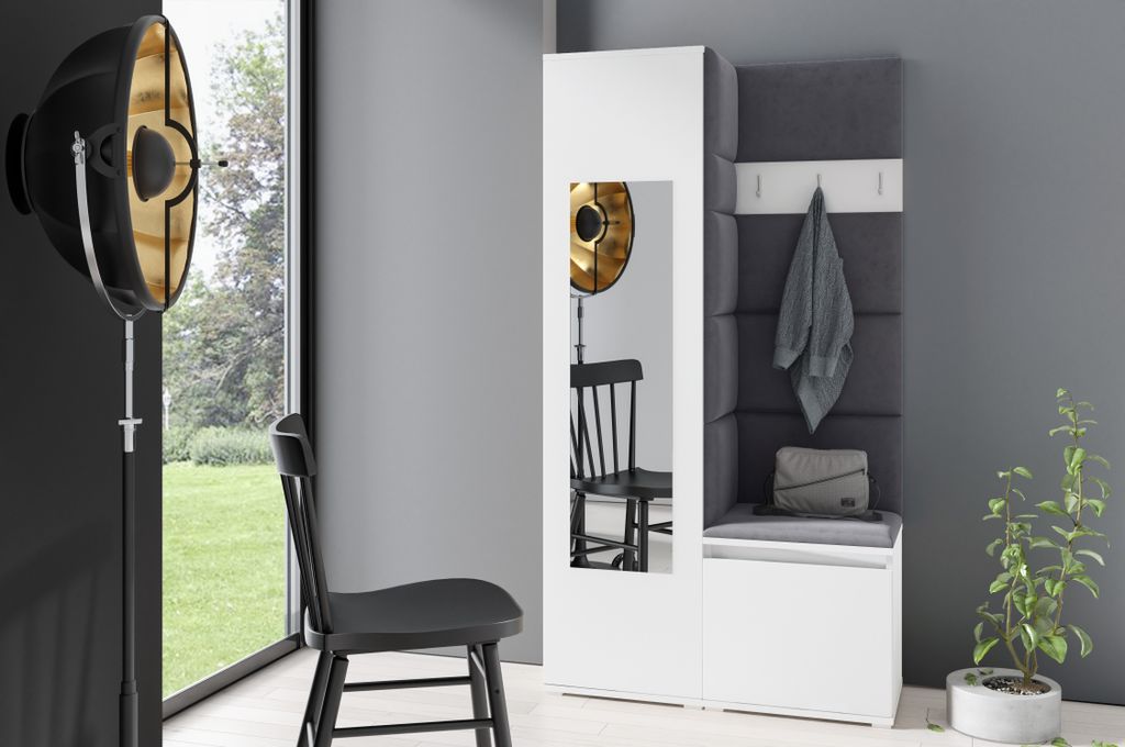 Garderoben-Set "Iga", Moderner Kleiderschrank mit Polsterplatten und Schuhschrank – Ideal für Flur und Eingangsbereich (Weiß, Trinity 16)