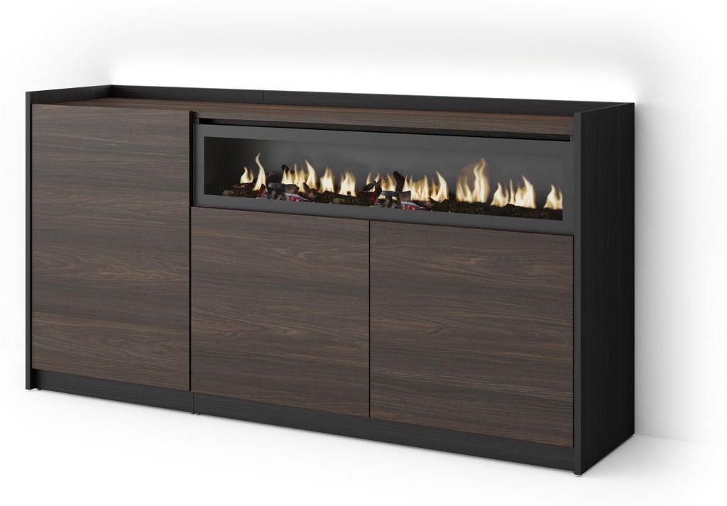 Sideboard Holzeffekt eiche schwarz 156x37x80cm Kamin mit Feuereffekt