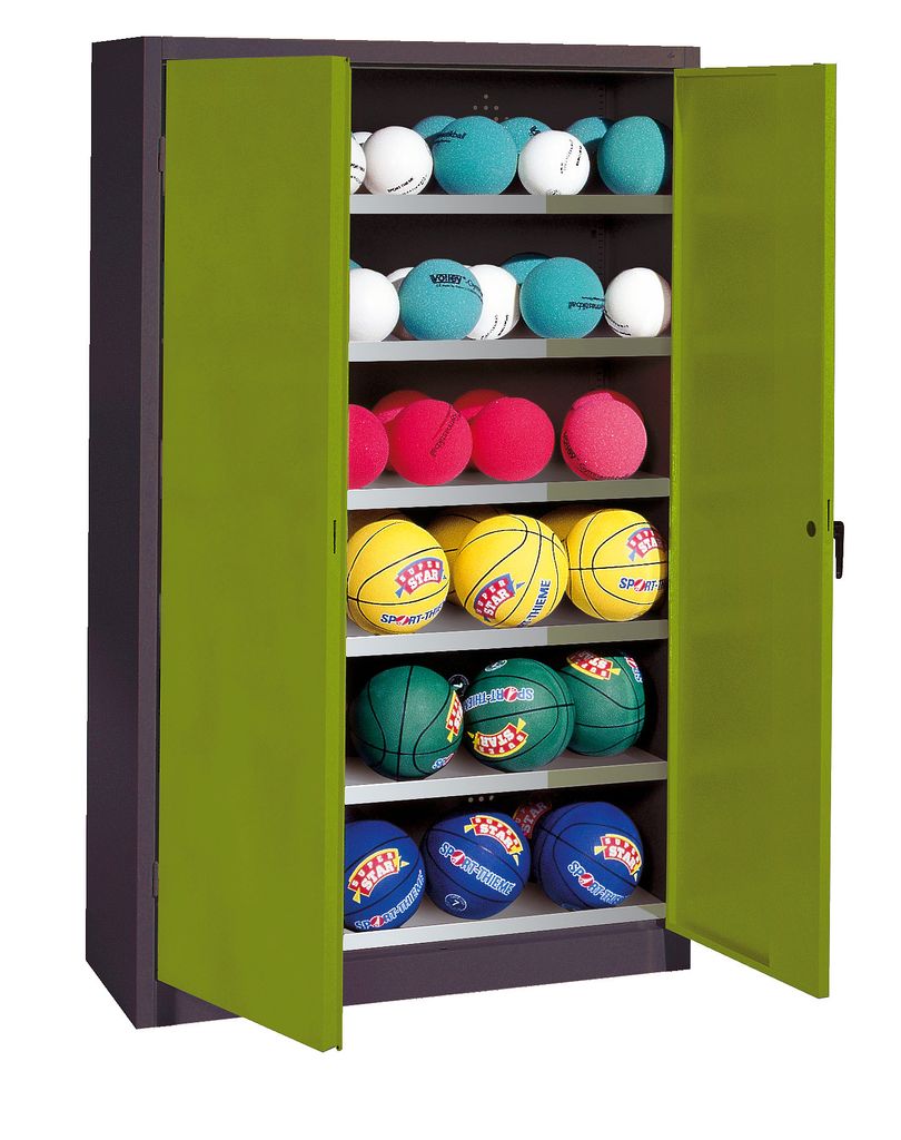 C+P Ballschrank mit Vollblech-Flügeltüren (Typ 3), HxBxT: 195x120x50 cm, Ergo-Lock Muldengriff, Clowngrün (RAL 110 80 60), Anthrazit (RAL 7021),...
