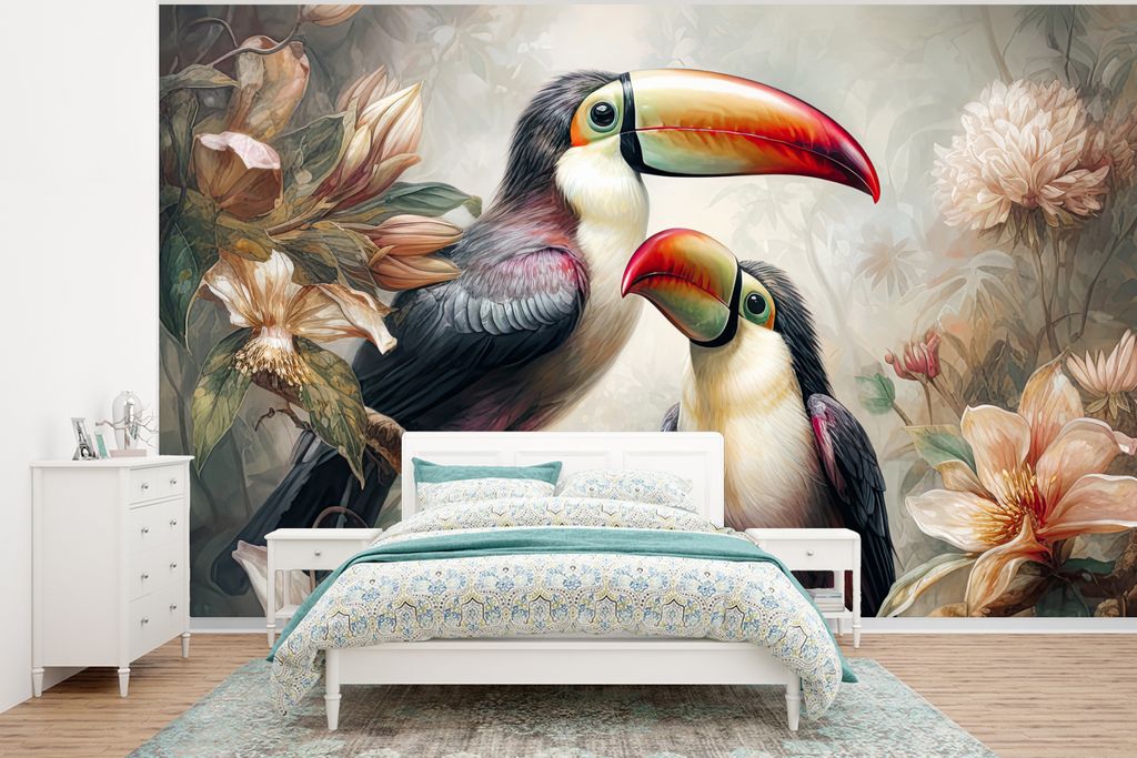 MuchoWow Fototapete für Wohnzimmer oder Schlafzimmer Wandtapete Vinyl Motivtapete Tukan - Vögel - Blumen - Dschungel - 350x260 cm - Wohnzimmer-...