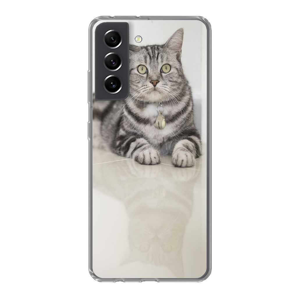 MuchoWow Handyhülle Schutzhülle Hülle für Samsung Galaxy S21 FE Katze - Grau - Tier - Mädchen - Kinder - Jungen - Kind Silikon Softcase Hand...