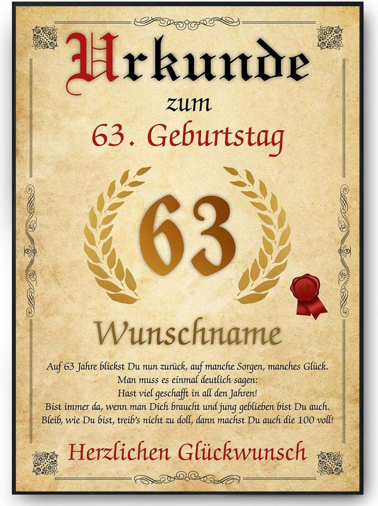 Urkunde zum 63. Geburtstag personalisiertes Geschenk Jahrgang 1962 Geburtstagsurkunde 63 Jahre Geburtstagsgeschenk – DIN A4 + Rahmen schwarz