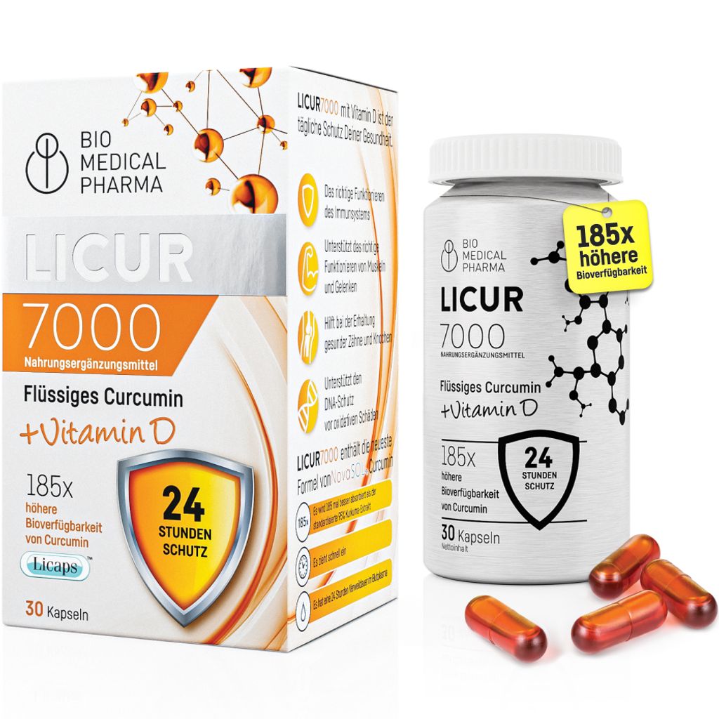 Kurkuma Kapseln mit Vitamin D3– 185x höhere Bioverfügbarkeit– Hochdosiertes Mizellen Curcumin– 1 Kapsel täglich- Licur 7000 mit Vitamin D ...